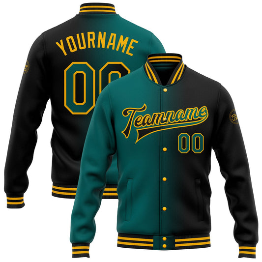 Custom Black Teal-Gold Bomber Full-Snap Varsity Letterman Gradient Fashion Jacket - Main View