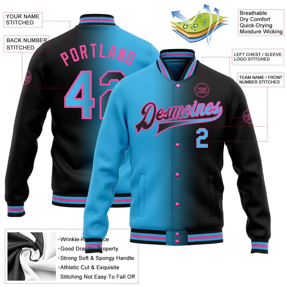 Custom Black Sky Blue-Pink Bomber Full-Snap Varsity Letterman Gradient Fashion Jacket view 5