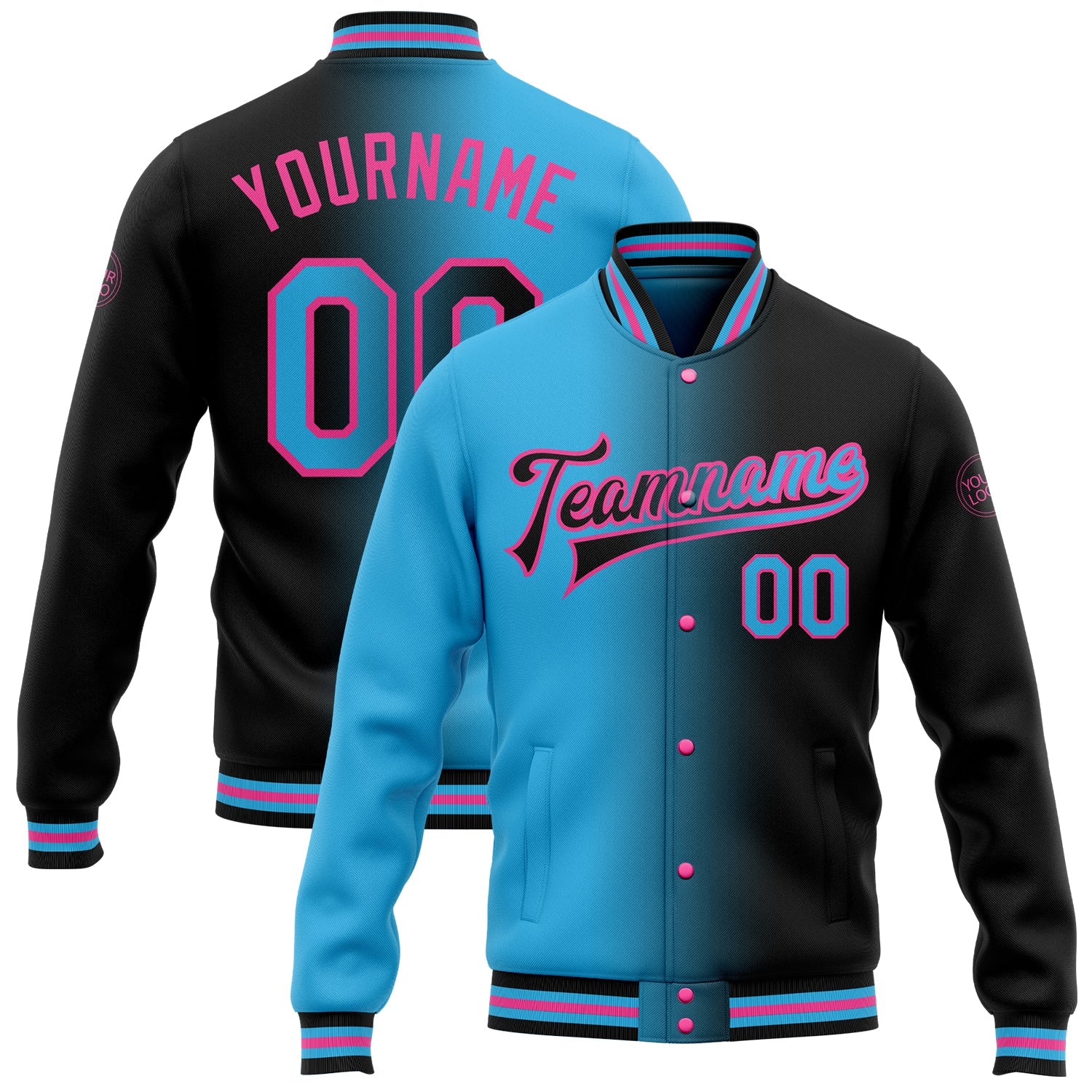 Custom Black Sky Blue-Pink Bomber Full-Snap Varsity Letterman Gradient Fashion Jacket - Main View