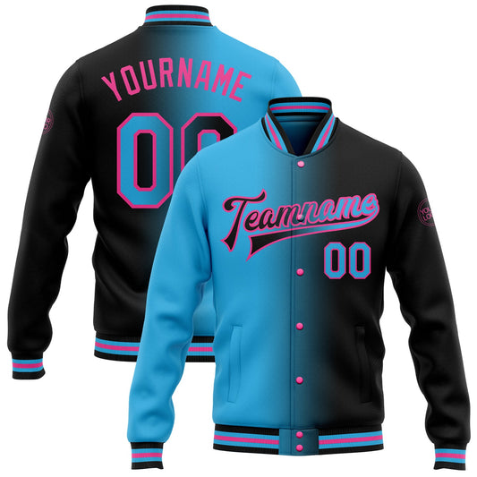 Custom Black Sky Blue-Pink Bomber Full-Snap Varsity Letterman Gradient Fashion Jacket - Main View