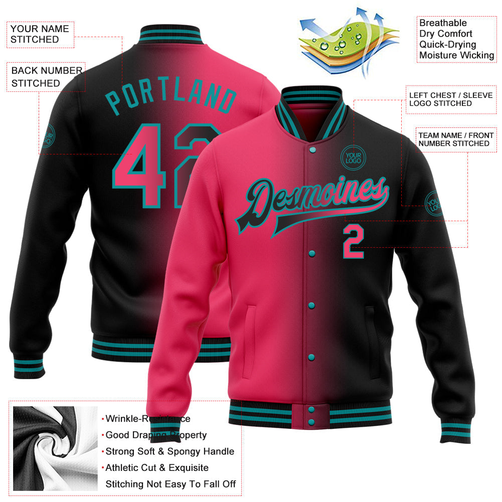 Custom Black Neon Pink-Teal Bomber Full-Snap Varsity Letterman Gradient Fashion Jacket view 5