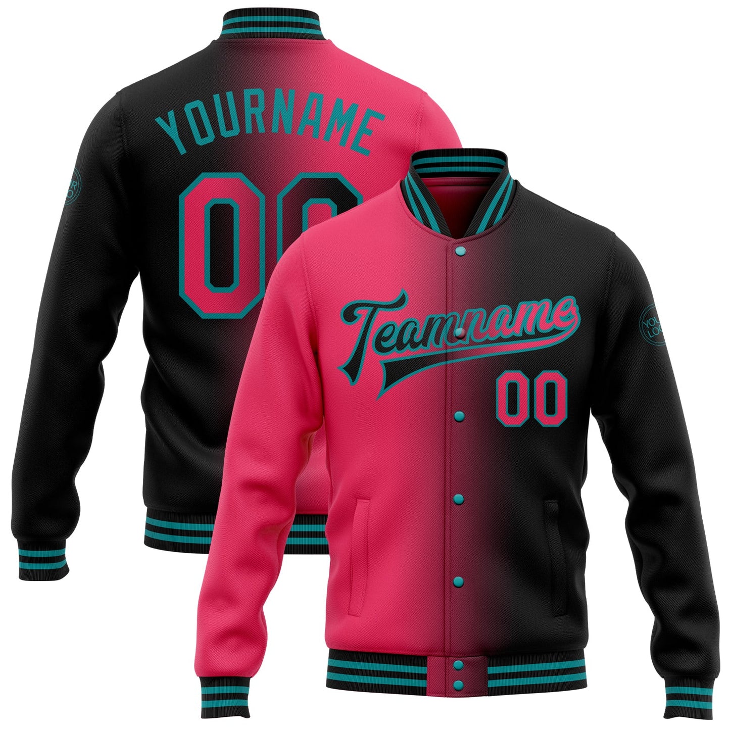 Custom Black Neon Pink-Teal Bomber Full-Snap Varsity Letterman Gradient Fashion Jacket - Main View