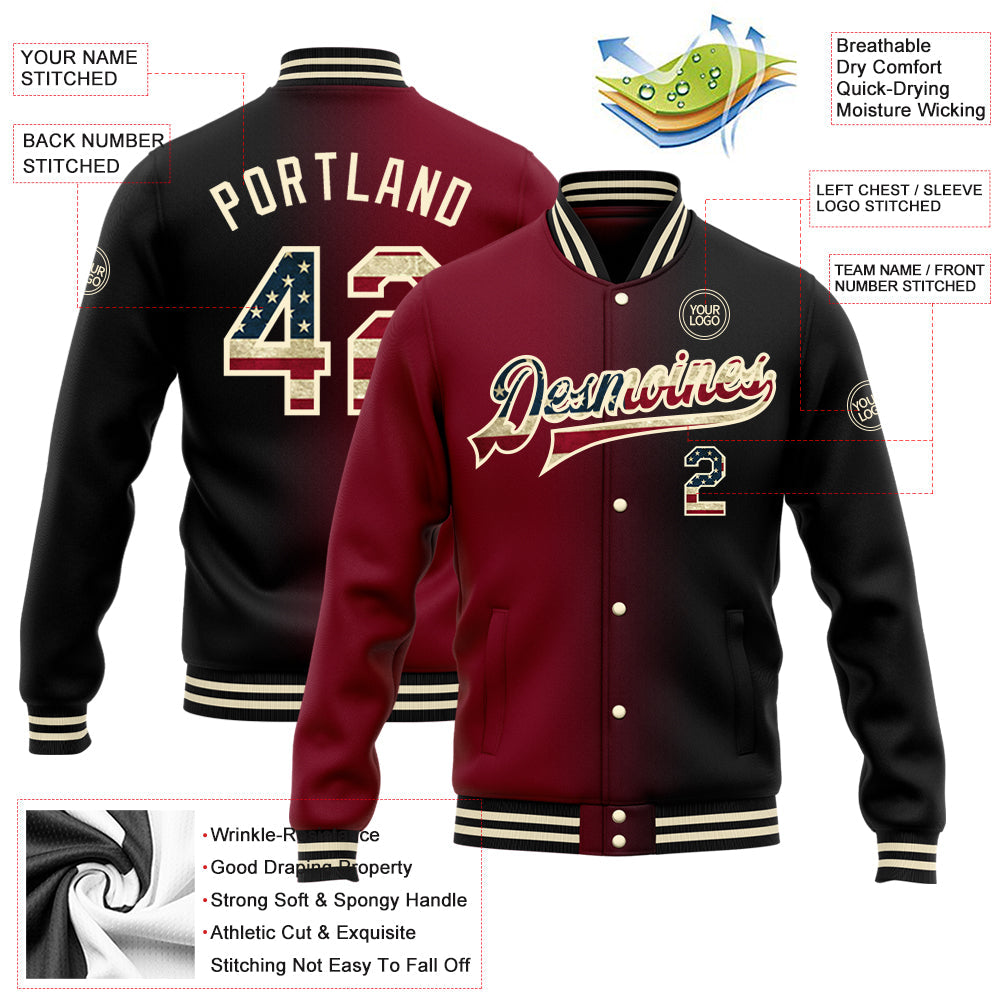 Custom Black Vintage USA Flag Crimson-Cream Bomber Full-Snap Varsity Letterman Gradient Fashion Jacket view 5