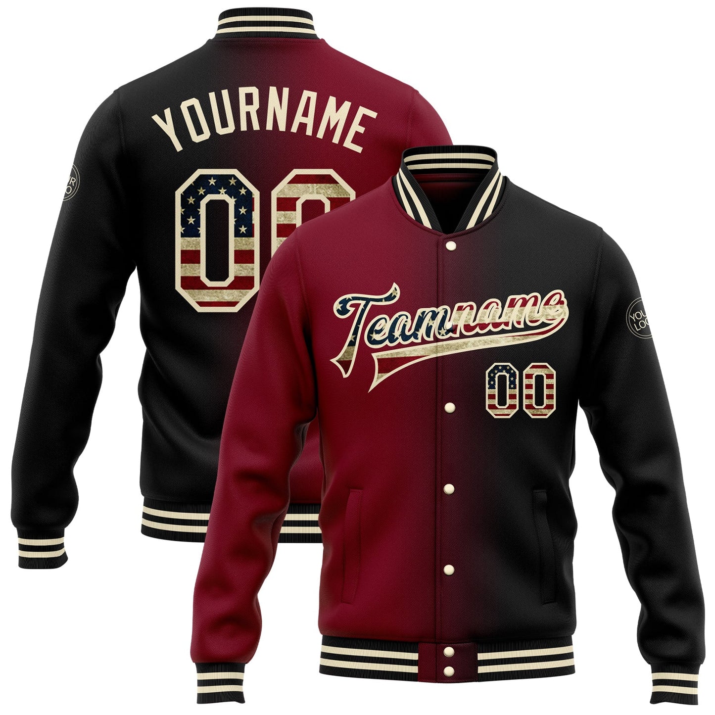 Custom Black Vintage USA Flag Crimson-Cream Bomber Full-Snap Varsity Letterman Gradient Fashion Jacket - Main View