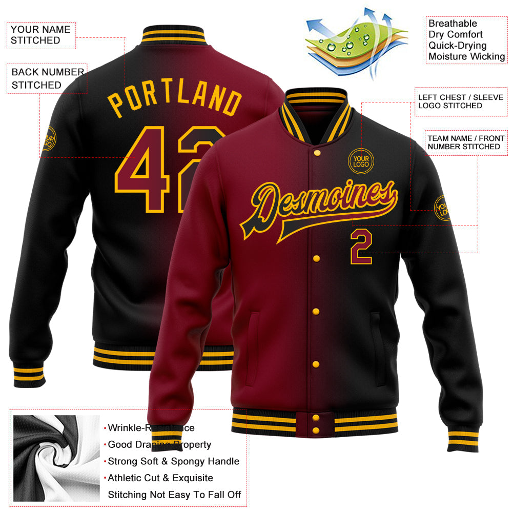 Custom Black Crimson-Gold Bomber Full-Snap Varsity Letterman Gradient Fashion Jacket view 5