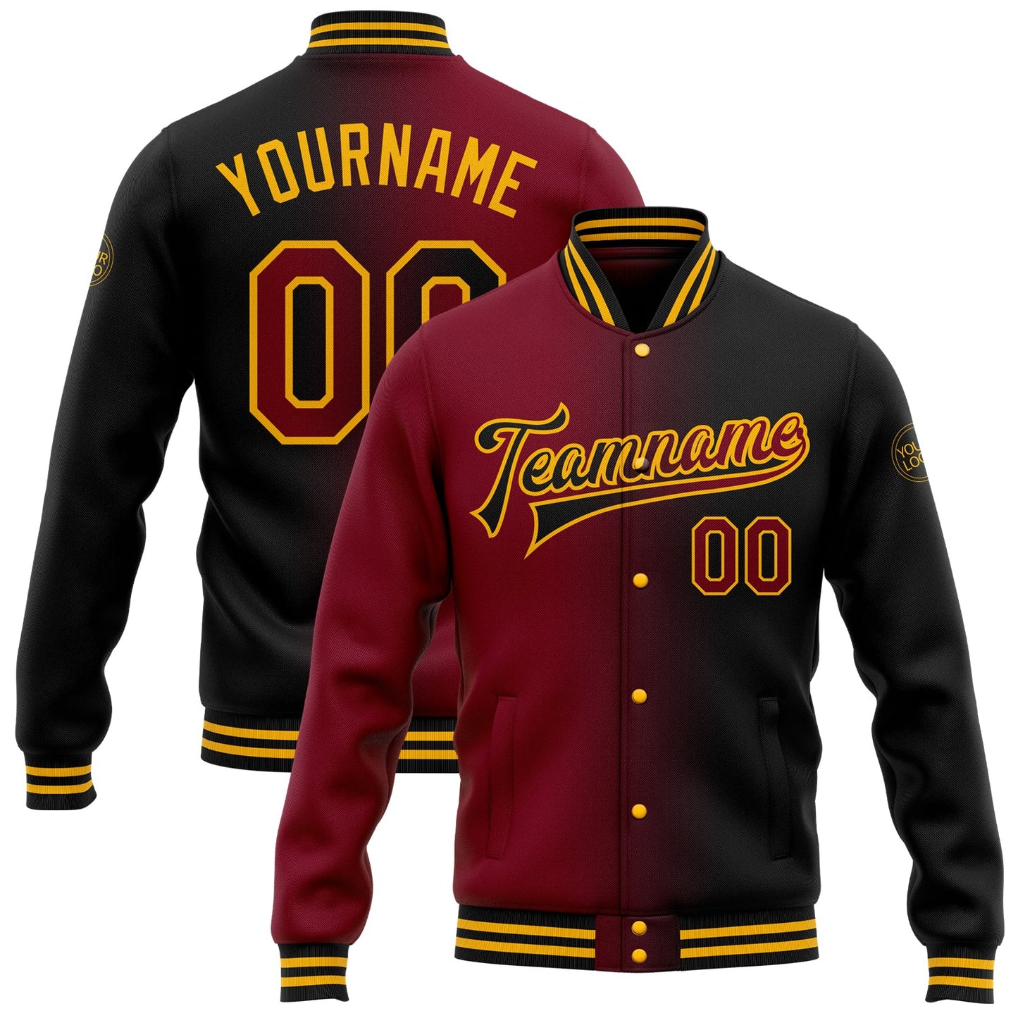 Custom Black Crimson-Gold Bomber Full-Snap Varsity Letterman Gradient Fashion Jacket - Main View