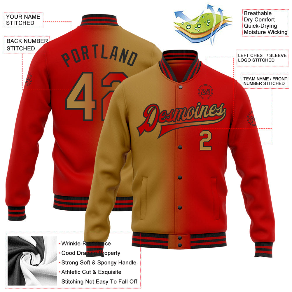 Custom Red Old Gold-Black Bomber Full-Snap Varsity Letterman Gradient Fashion Jacket view 5