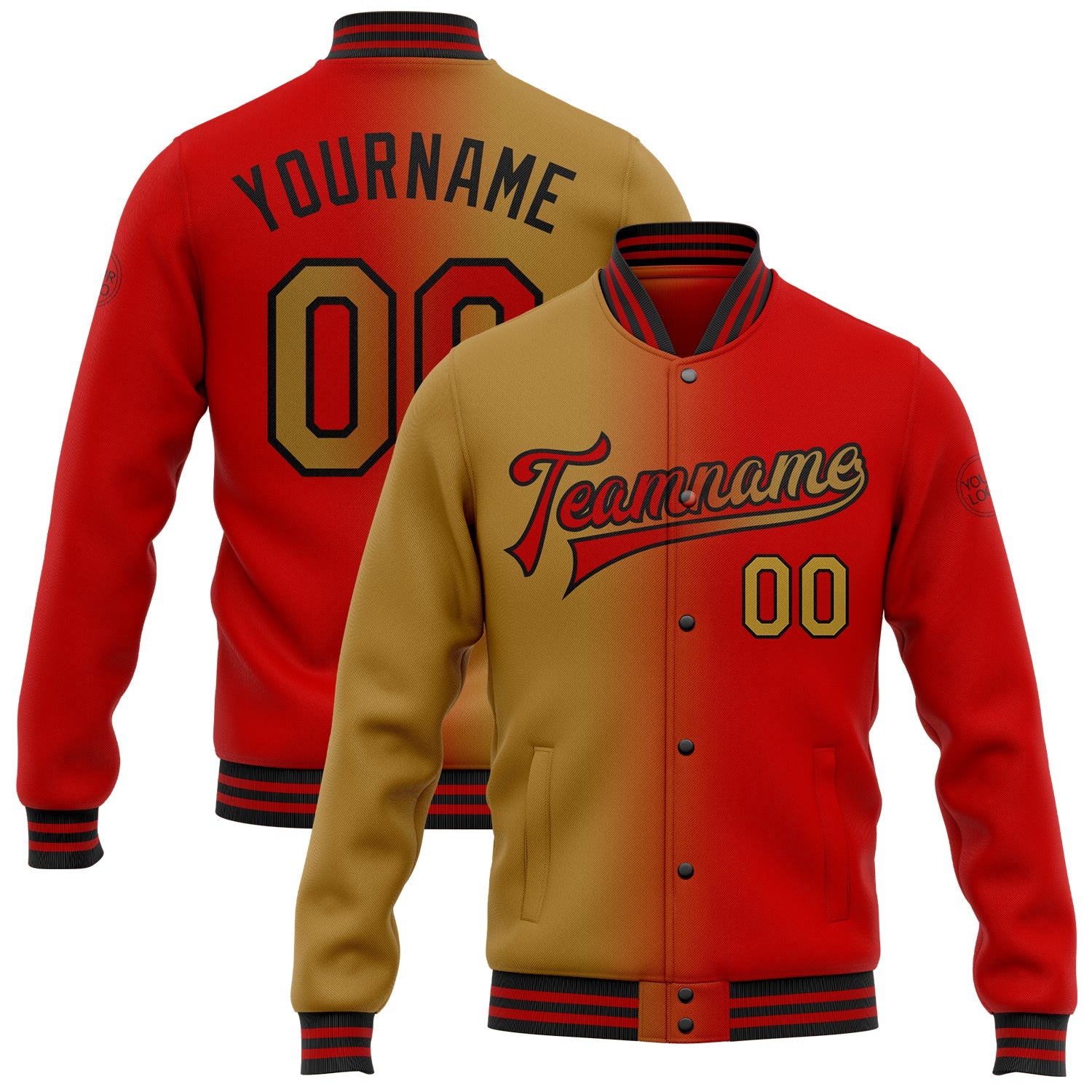 Custom Red Old Gold-Black Bomber Full-Snap Varsity Letterman Gradient Fashion Jacket - Main View