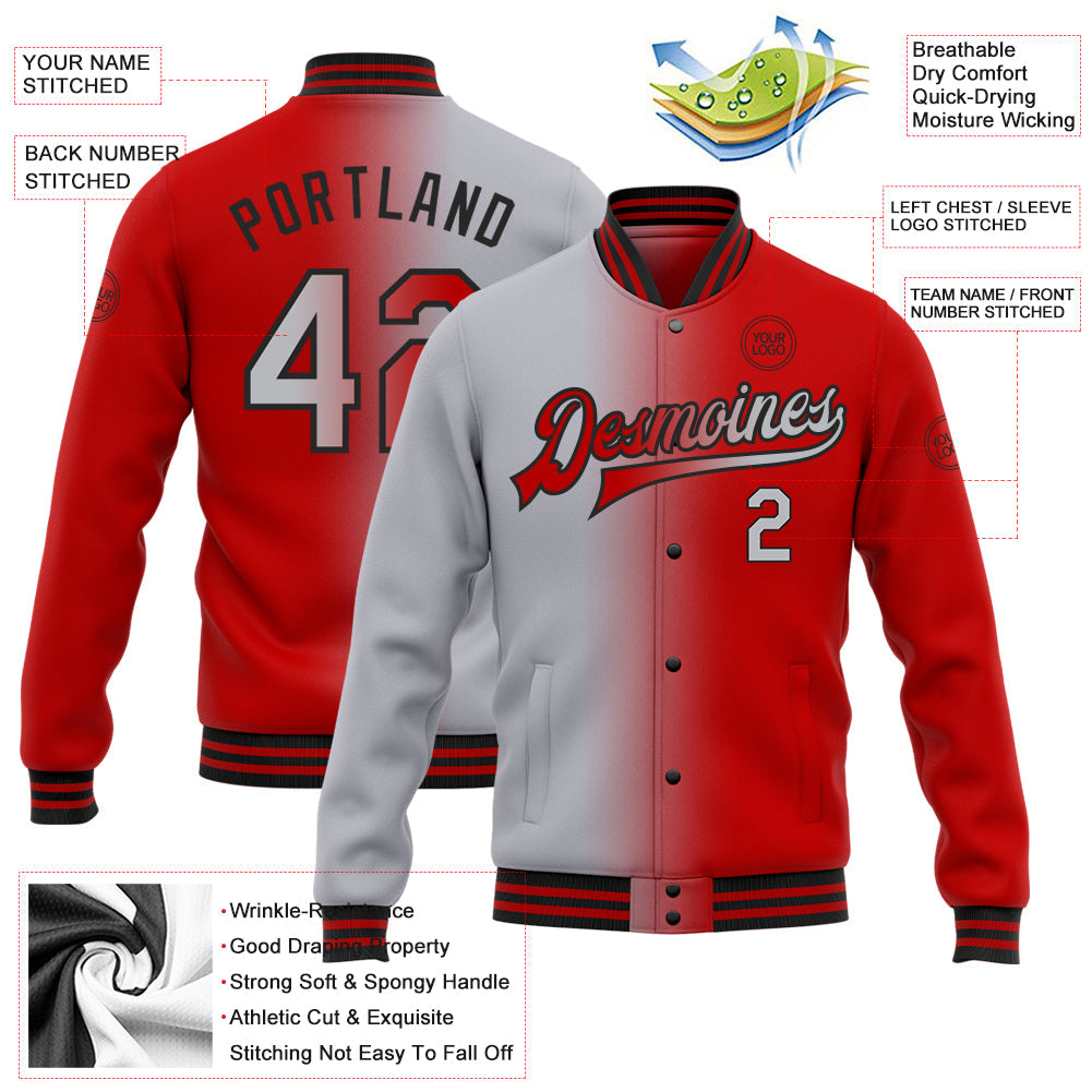 Custom Red Gray-Black Bomber Full-Snap Varsity Letterman Gradient Fashion Jacket view 5