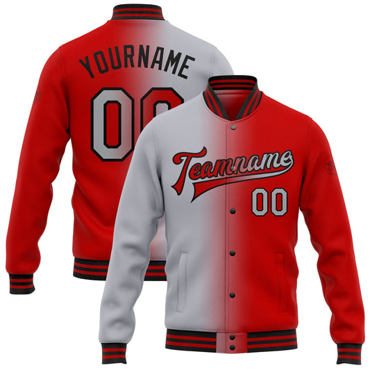 Custom Red Gray-Black Bomber Full-Snap Varsity Letterman Gradient Fashion Jacket - Main View