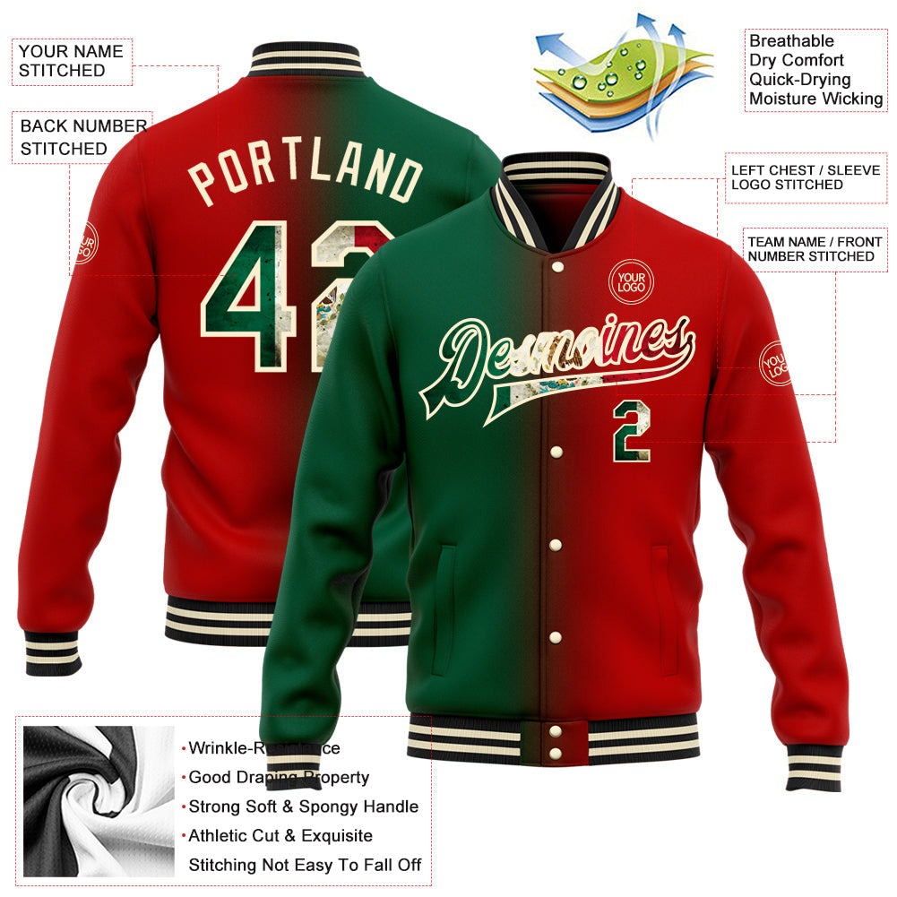 Custom Red Vintage Mexican Flag Kelly Green Cream-Black Bomber Full-Snap Varsity Letterman Gradient Fashion Jacket view 5
