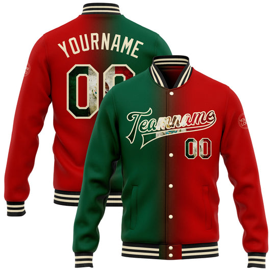 Custom Red Vintage Mexican Flag Kelly Green Cream-Black Bomber Full-Snap Varsity Letterman Gradient Fashion Jacket - Main View