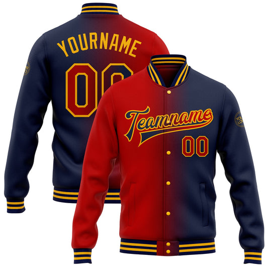 Custom Navy Red-Gold Bomber Full-Snap Varsity Letterman Gradient Fashion Jacket - Main View