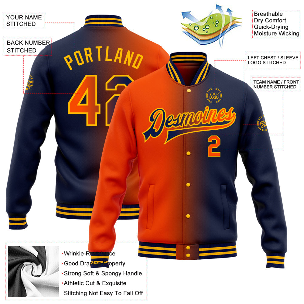 Custom Navy Orange-Gold Bomber Full-Snap Varsity Letterman Gradient Fashion Jacket view 5
