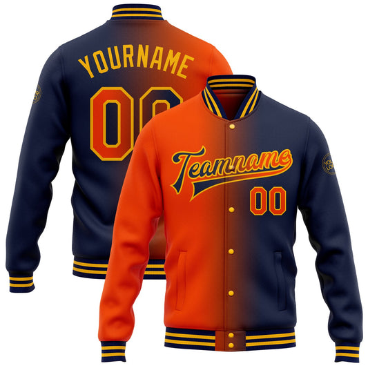 Custom Navy Orange-Gold Bomber Full-Snap Varsity Letterman Gradient Fashion Jacket - Main View