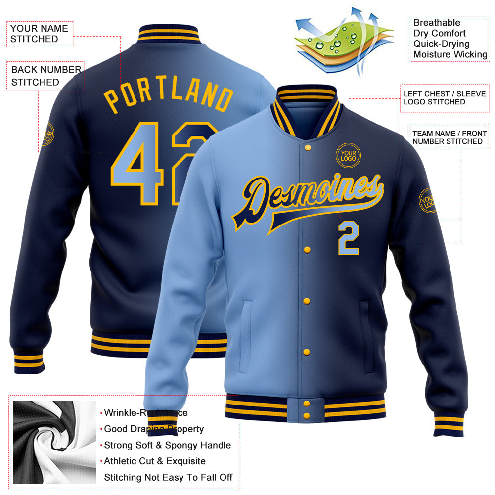 Custom Navy Light Blue-Gold Bomber Full-Snap Varsity Letterman Gradient Fashion Jacket view 5