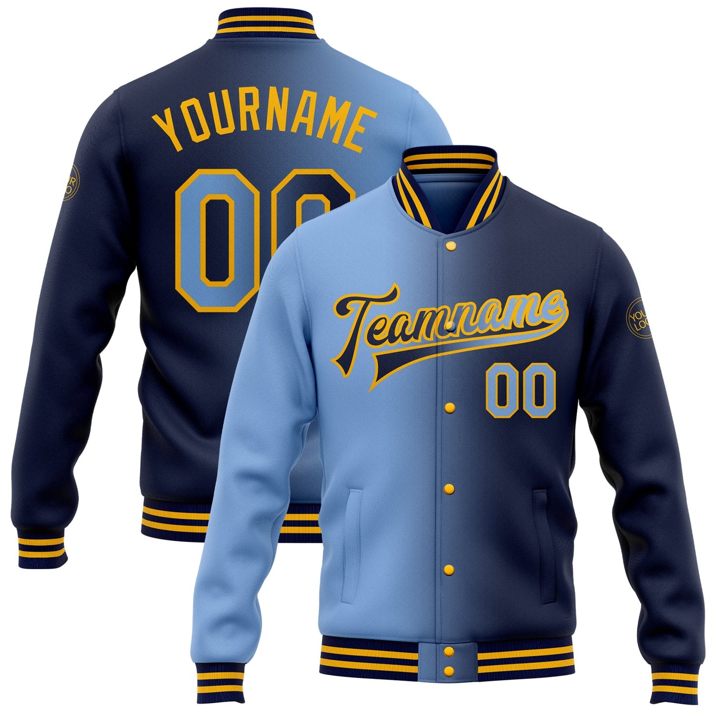 Custom Navy Light Blue-Gold Bomber Full-Snap Varsity Letterman Gradient Fashion Jacket - Main View