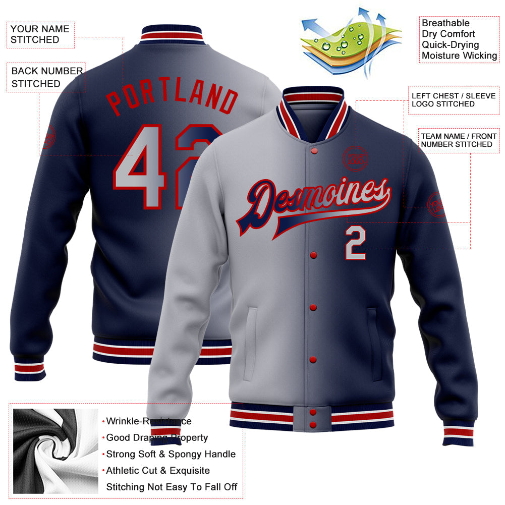 Custom Navy Gray-Red Bomber Full-Snap Varsity Letterman Gradient Fashion Jacket view 5