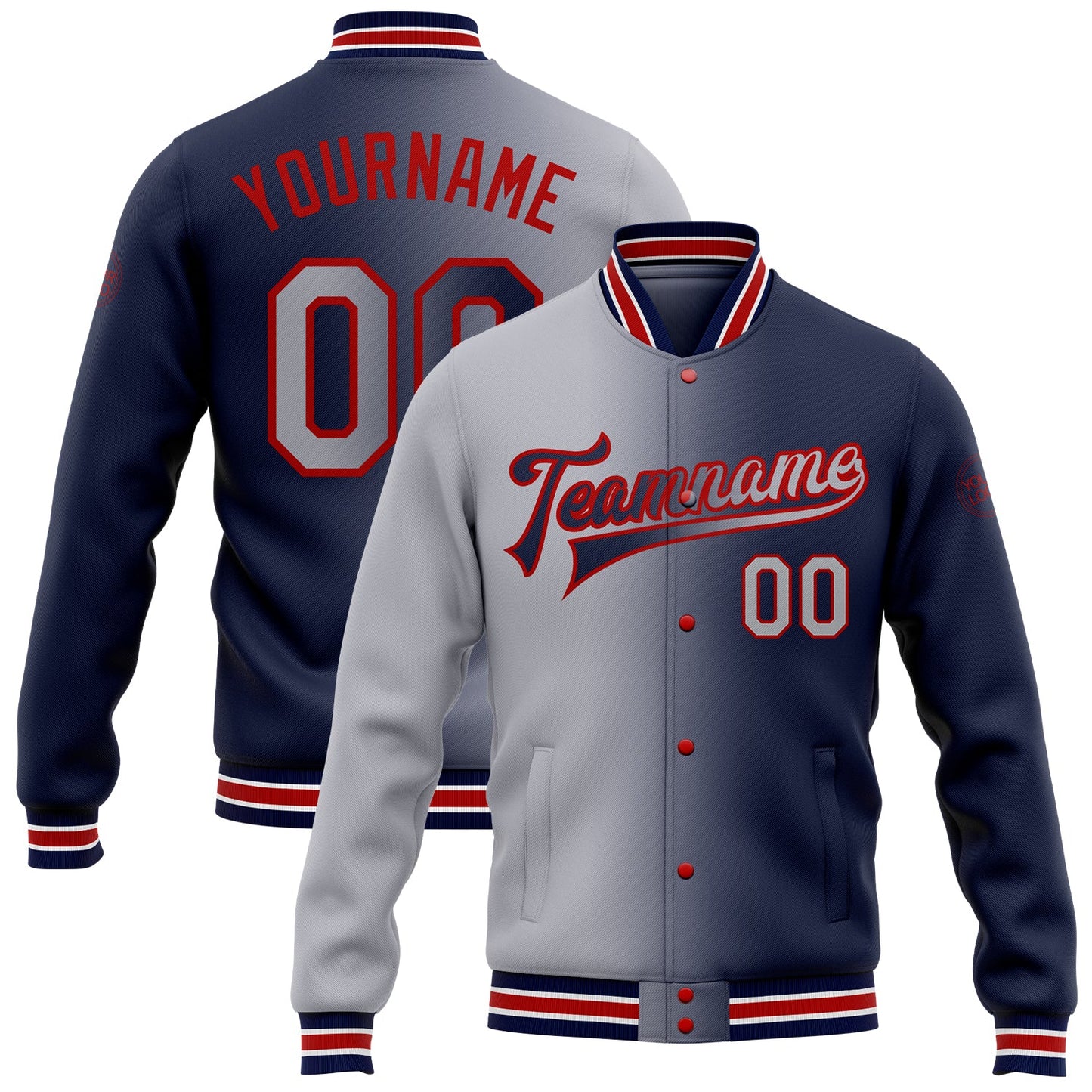Custom Navy Gray-Red Bomber Full-Snap Varsity Letterman Gradient Fashion Jacket - Main View