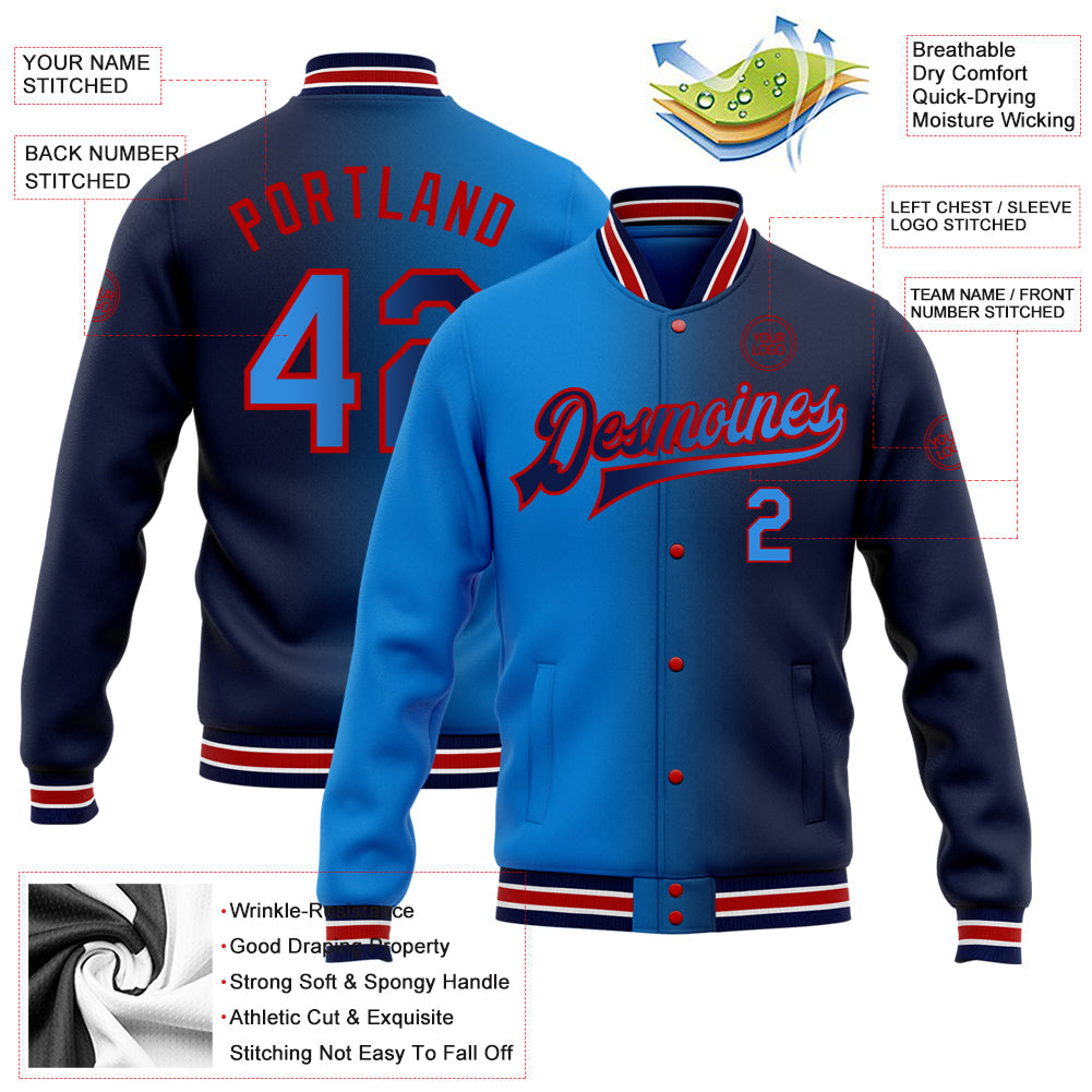 Custom Navy Powder Blue-Red Bomber Full-Snap Varsity Letterman Gradient Fashion Jacket view 5