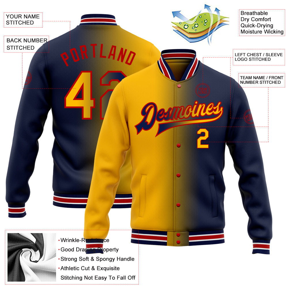 Custom Navy Gold-Red Bomber Full-Snap Varsity Letterman Gradient Fashion Jacket view 5