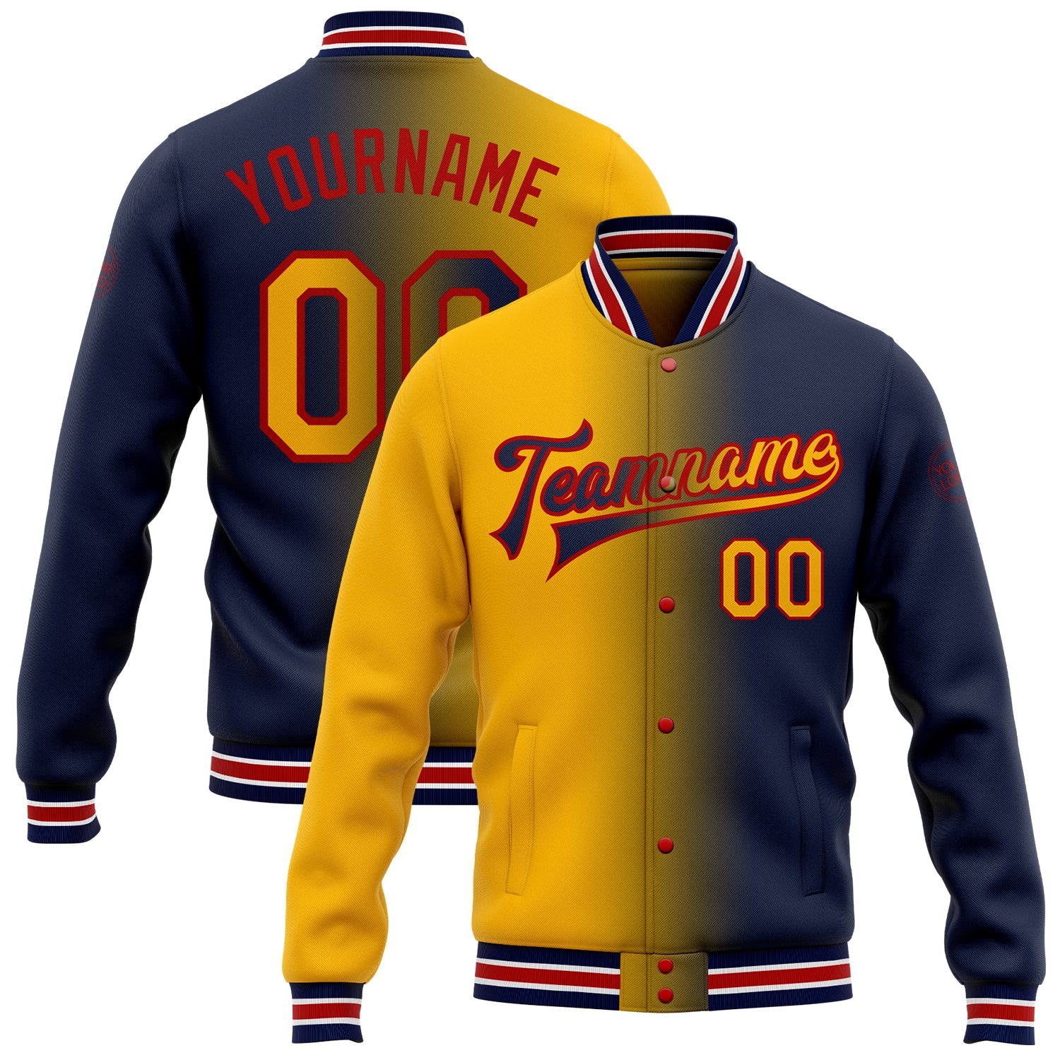 Custom Navy Gold-Red Bomber Full-Snap Varsity Letterman Gradient Fashion Jacket - Main View