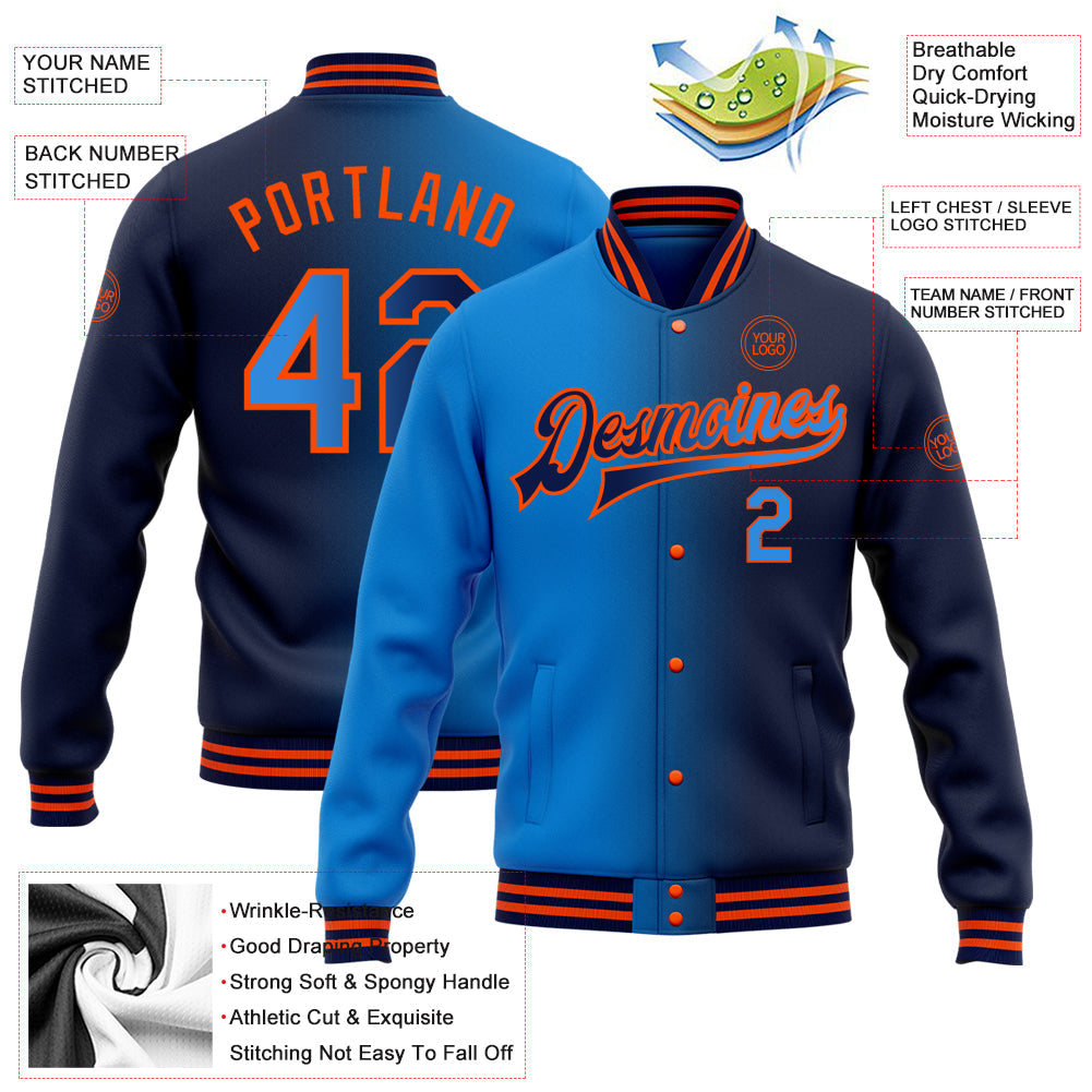 Custom Navy Powder Blue-Orange Bomber Full-Snap Varsity Letterman Gradient Fashion Jacket view 5