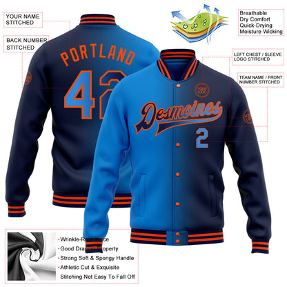 Custom Navy Powder Blue-Orange Bomber Full-Snap Varsity Letterman Gradient Fashion Jacket view 5