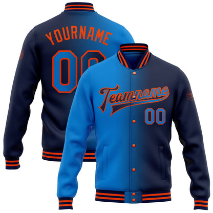 Custom Navy Powder Blue-Orange Bomber Full-Snap Varsity Letterman Gradient Fashion Jacket - Main View