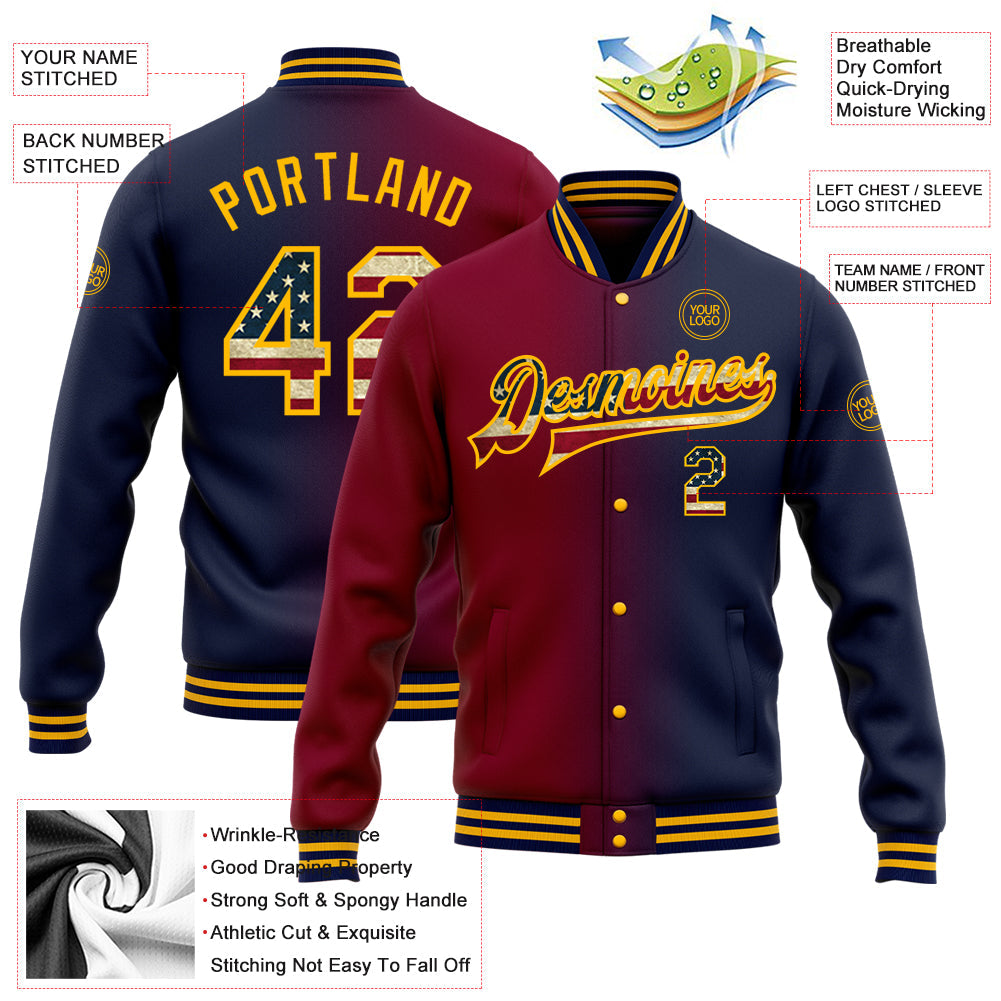 Custom Navy Vintage USA Flag Maroon-Gold Bomber Full-Snap Varsity Letterman Gradient Fashion Jacket view 5