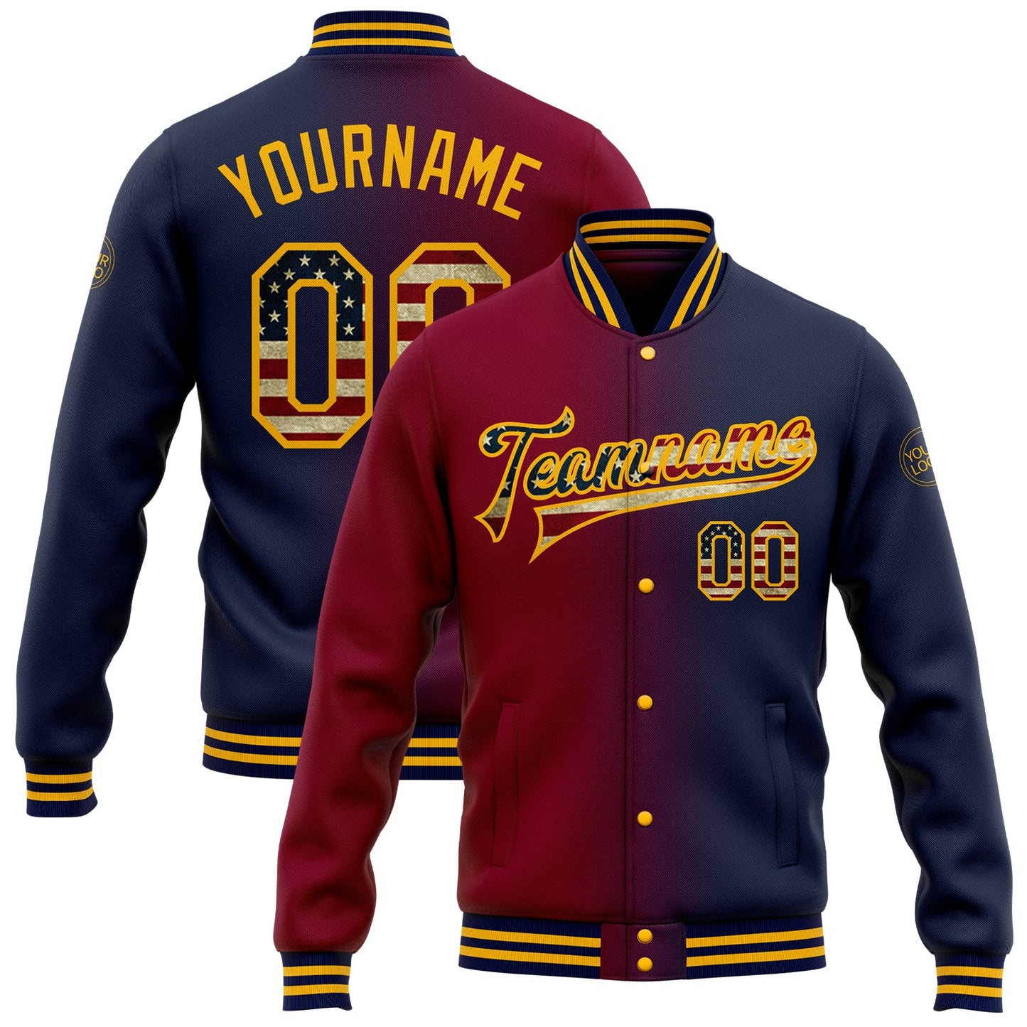 Custom Navy Vintage USA Flag Maroon-Gold Bomber Full-Snap Varsity Letterman Gradient Fashion Jacket - Main View