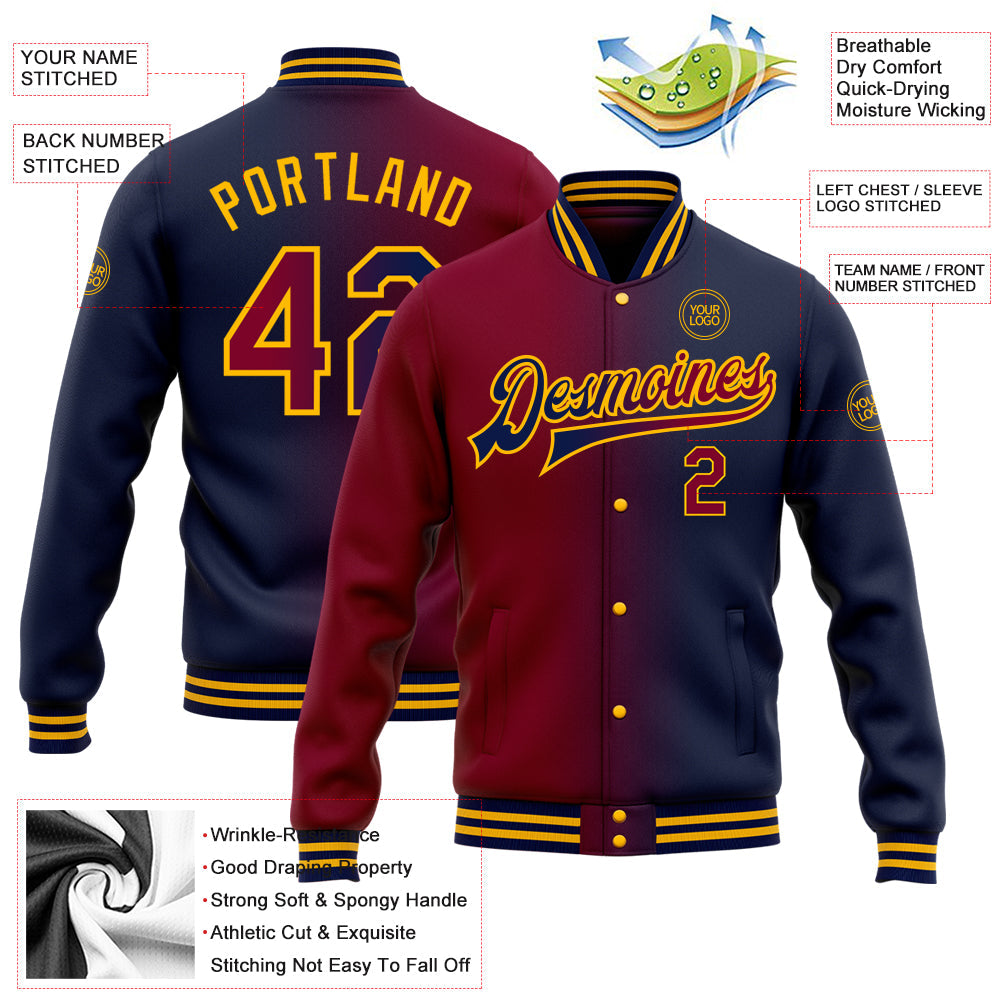 Custom Navy Maroon-Gold Bomber Full-Snap Varsity Letterman Gradient Fashion Jacket view 5