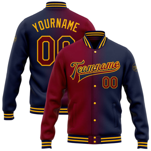 Custom Navy Maroon-Gold Bomber Full-Snap Varsity Letterman Gradient Fashion Jacket - Main View