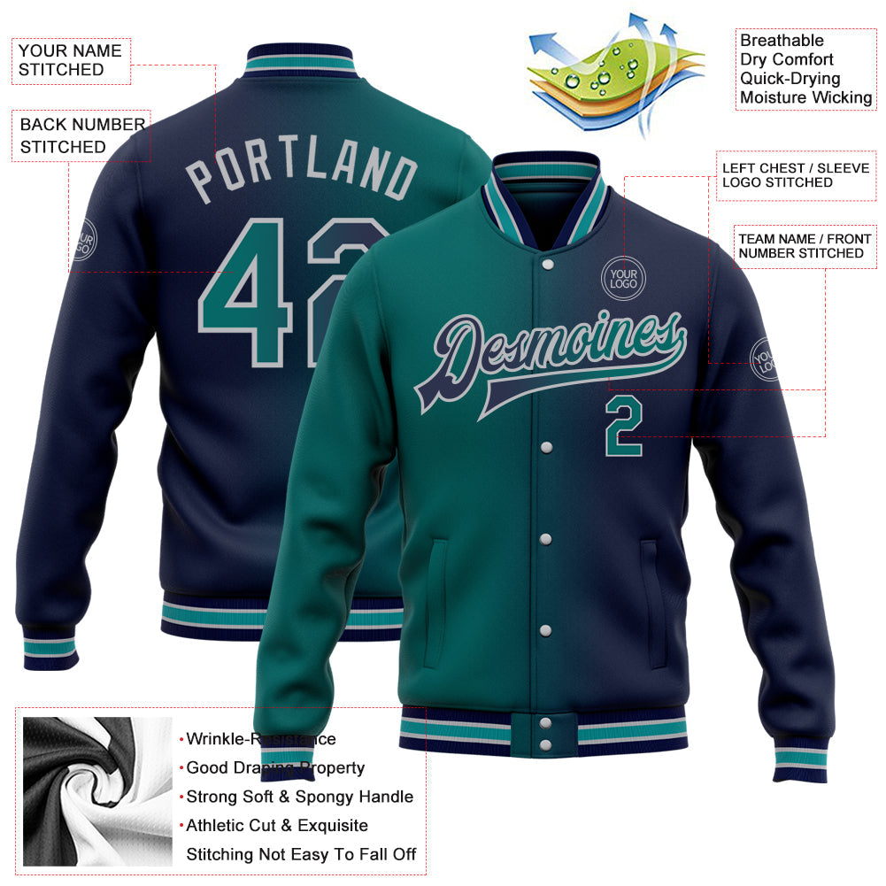 Custom Navy Teal-Gray Bomber Full-Snap Varsity Letterman Gradient Fashion Jacket view 5