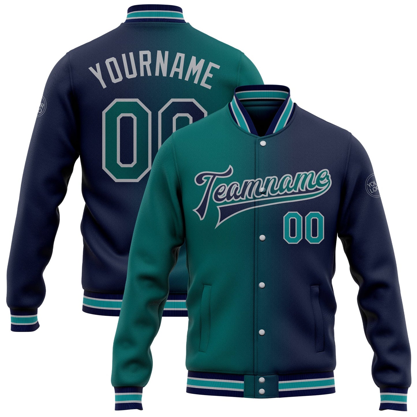 Custom Navy Teal-Gray Bomber Full-Snap Varsity Letterman Gradient Fashion Jacket - Main View