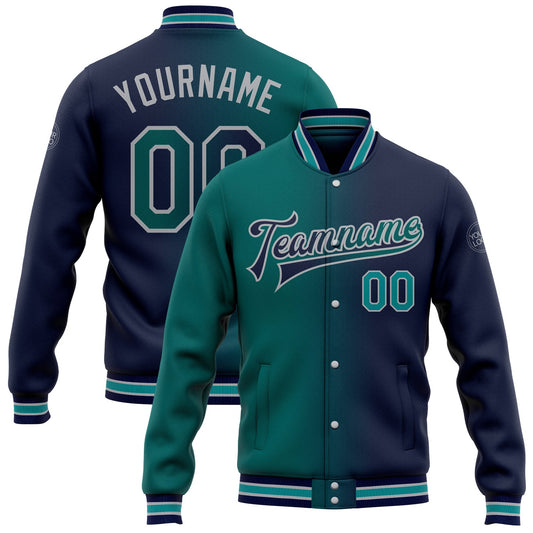 Custom Navy Teal-Gray Bomber Full-Snap Varsity Letterman Gradient Fashion Jacket - Main View