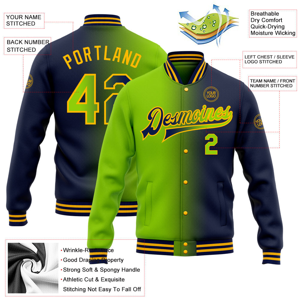 Custom Navy Neon Green-Gold Bomber Full-Snap Varsity Letterman Gradient Fashion Jacket view 5