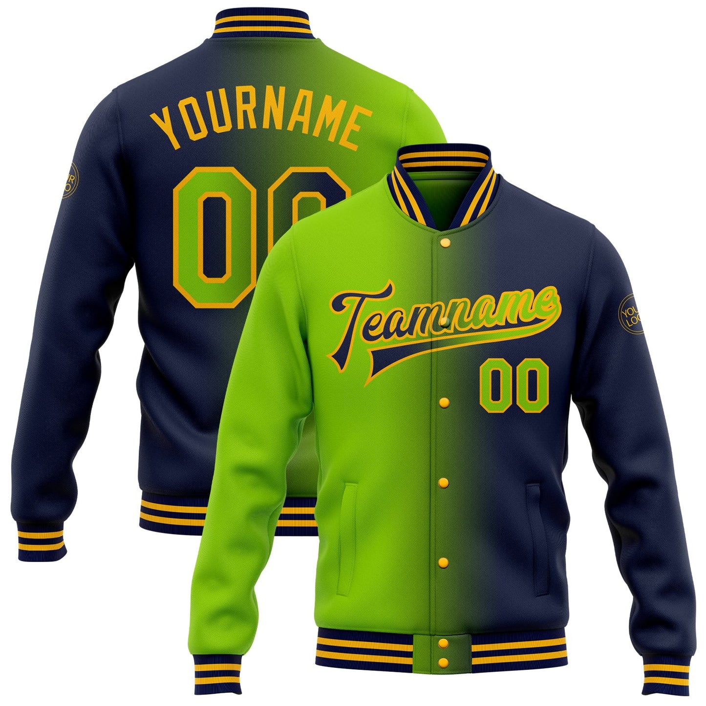 Custom Navy Neon Green-Gold Bomber Full-Snap Varsity Letterman Gradient Fashion Jacket - Main View