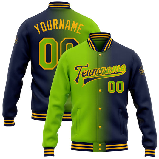 Custom Navy Neon Green-Gold Bomber Full-Snap Varsity Letterman Gradient Fashion Jacket - Main View