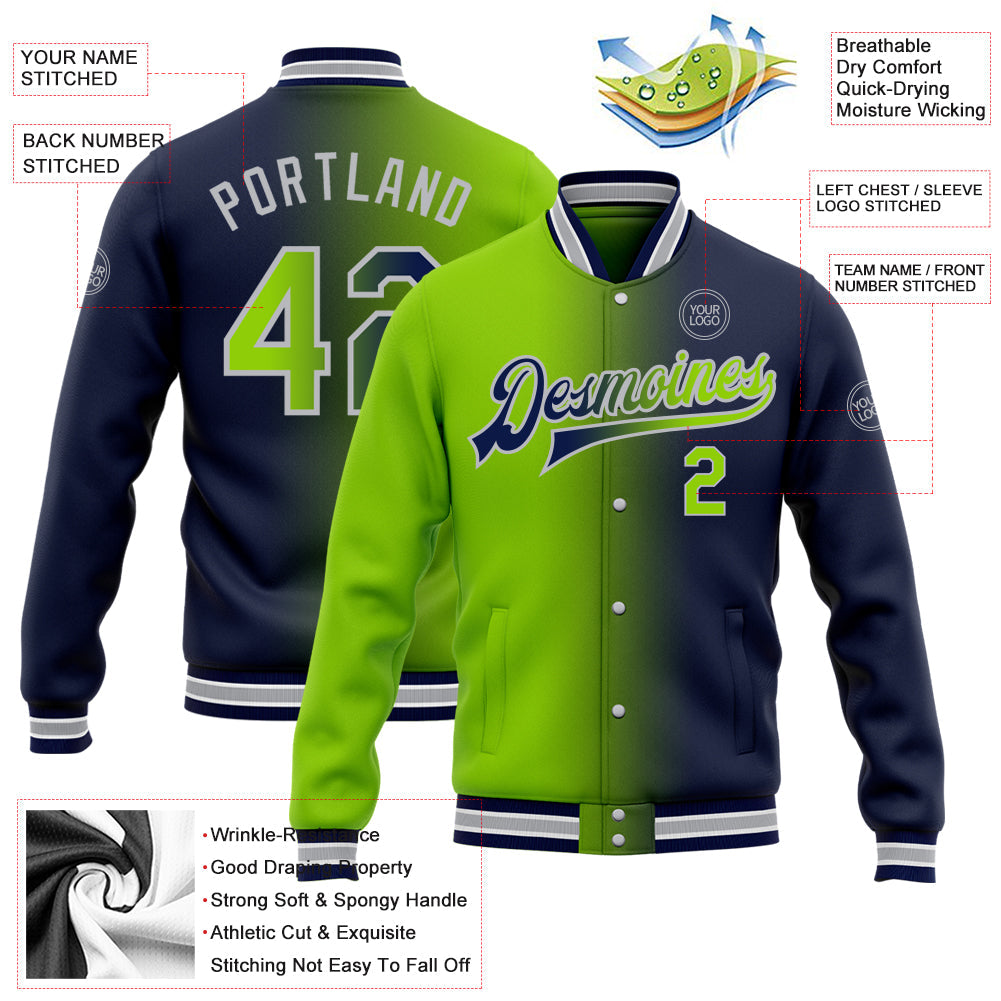 Custom Navy Neon Green-Gray Bomber Full-Snap Varsity Letterman Gradient Fashion Jacket view 5