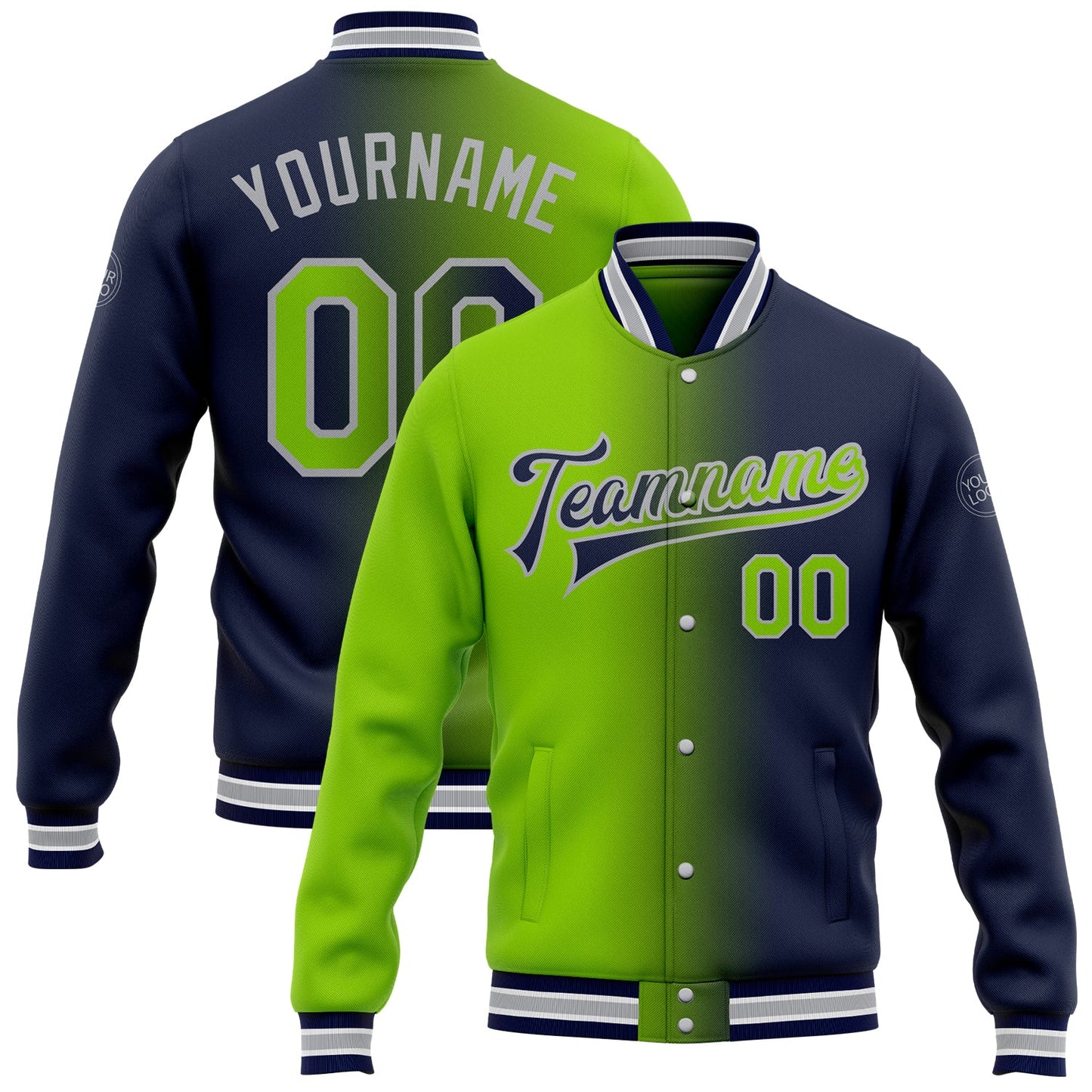 Custom Navy Neon Green-Gray Bomber Full-Snap Varsity Letterman Gradient Fashion Jacket - Main View