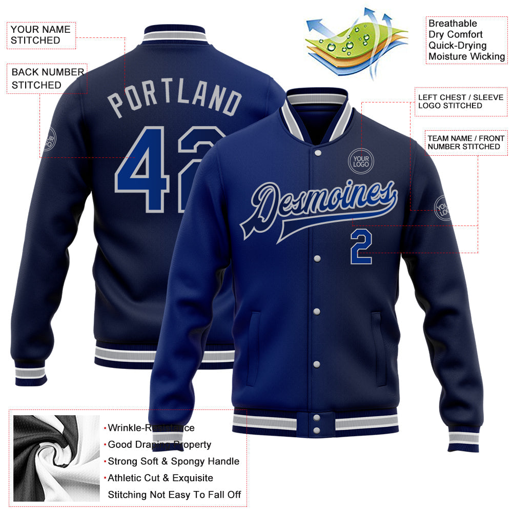 Custom Navy Royal-Gray Bomber Full-Snap Varsity Letterman Gradient Fashion Jacket view 5