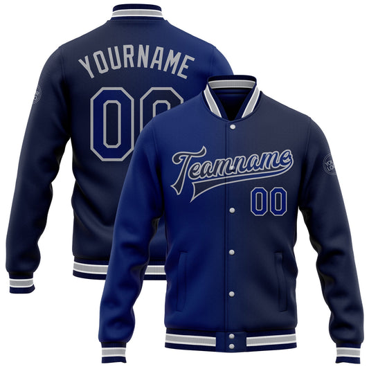 Custom Navy Royal-Gray Bomber Full-Snap Varsity Letterman Gradient Fashion Jacket - Main View