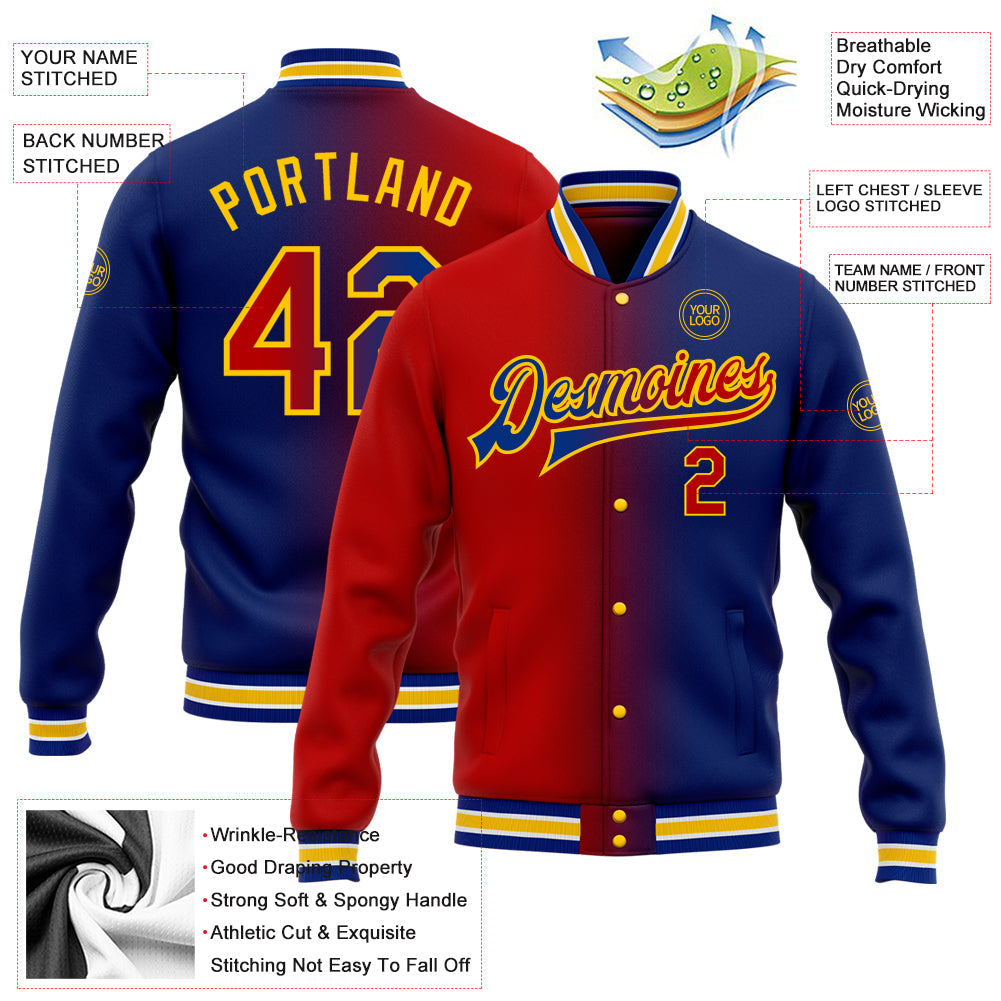 Custom Royal Red-Yellow Bomber Full-Snap Varsity Letterman Gradient Fashion Jacket view 5