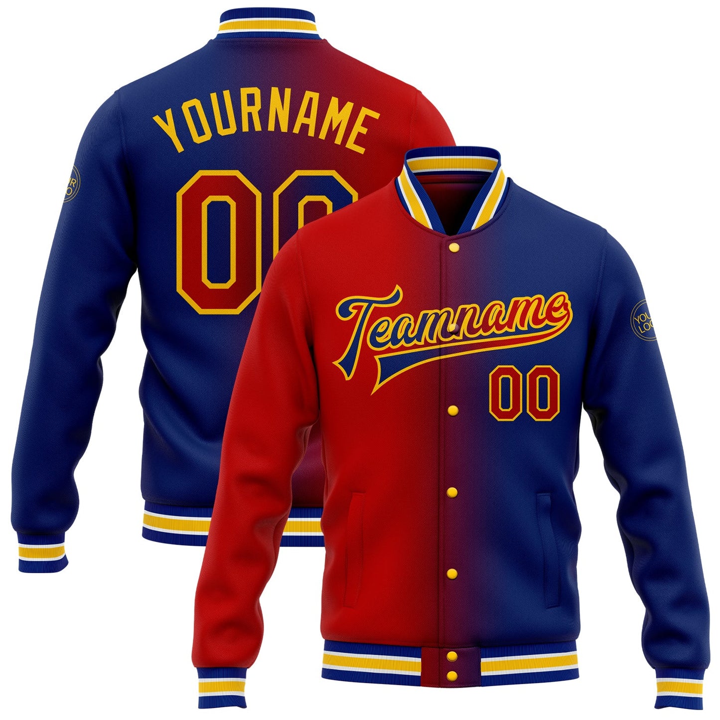 Custom Royal Red-Yellow Bomber Full-Snap Varsity Letterman Gradient Fashion Jacket - Main View