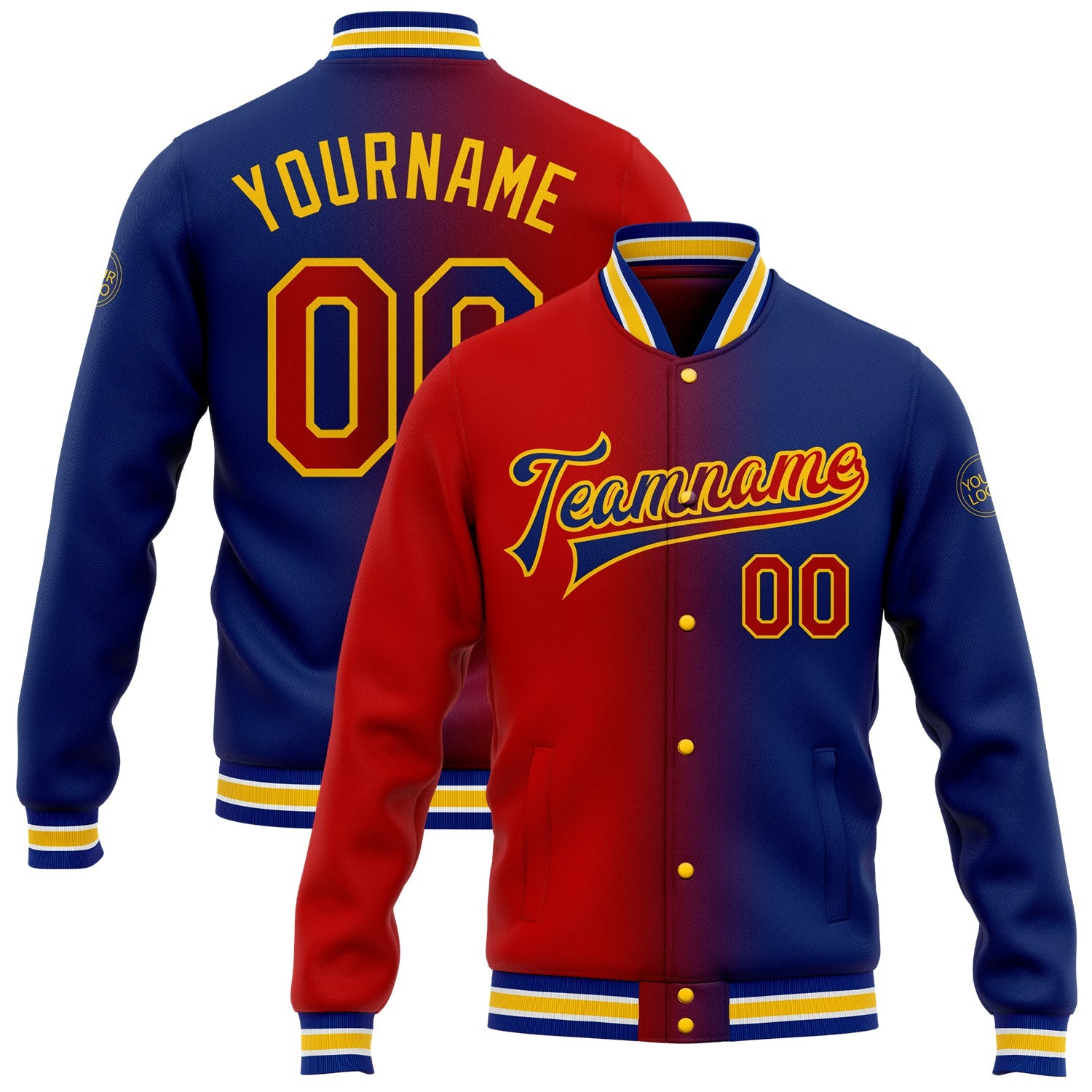 Custom Royal Red-Yellow Bomber Full-Snap Varsity Letterman Gradient Fashion Jacket - Main View