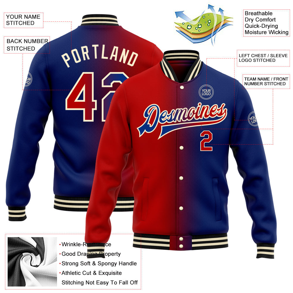 Custom Royal Red-Cream Bomber Full-Snap Varsity Letterman Gradient Fashion Jacket view 5