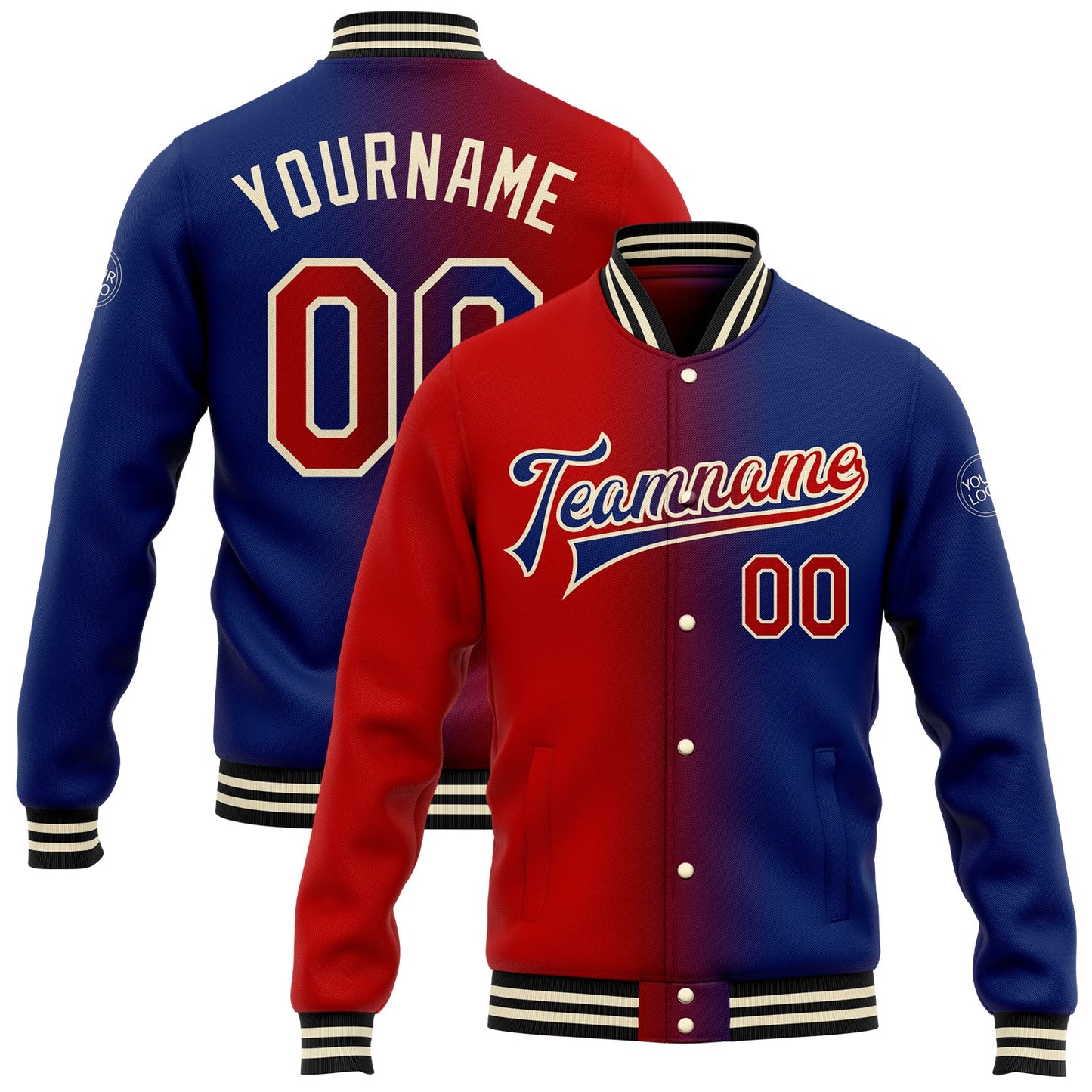 Custom Royal Red-Cream Bomber Full-Snap Varsity Letterman Gradient Fashion Jacket - Main View