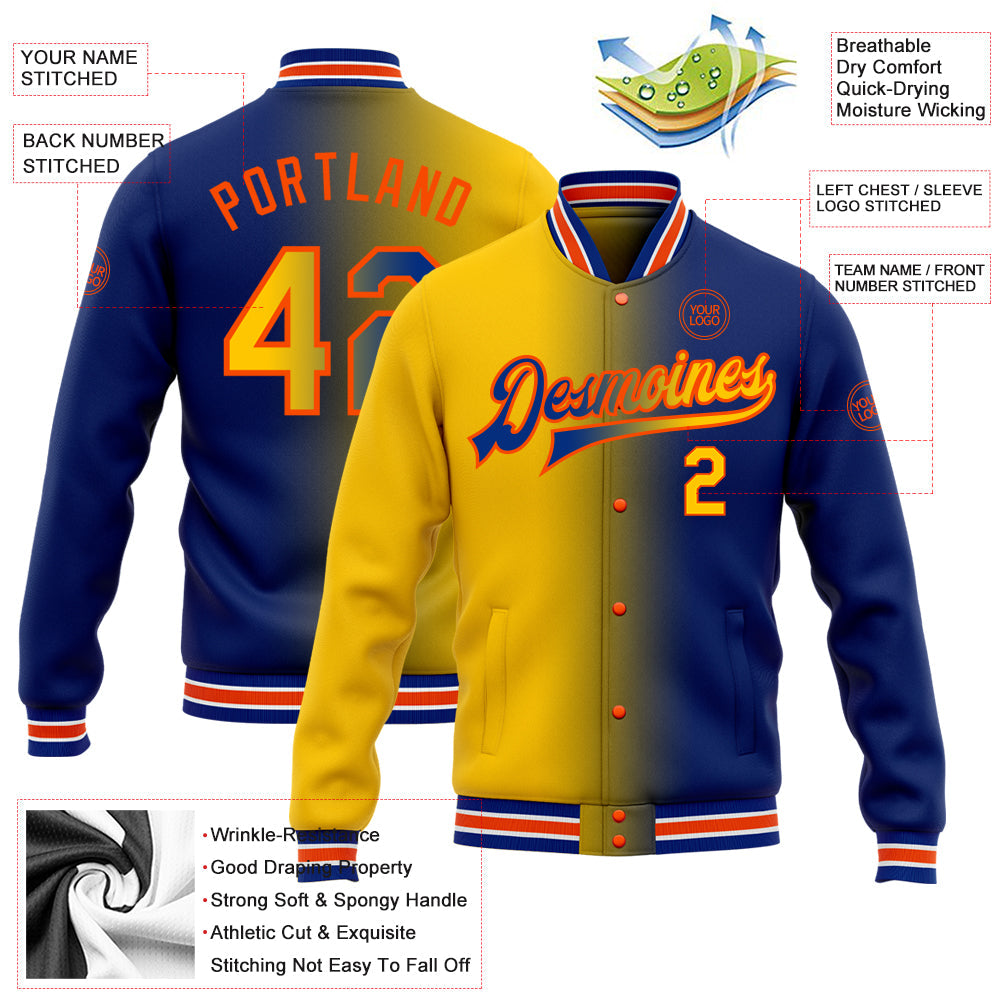 Custom Royal Yellow-Orange Bomber Full-Snap Varsity Letterman Gradient Fashion Jacket view 5