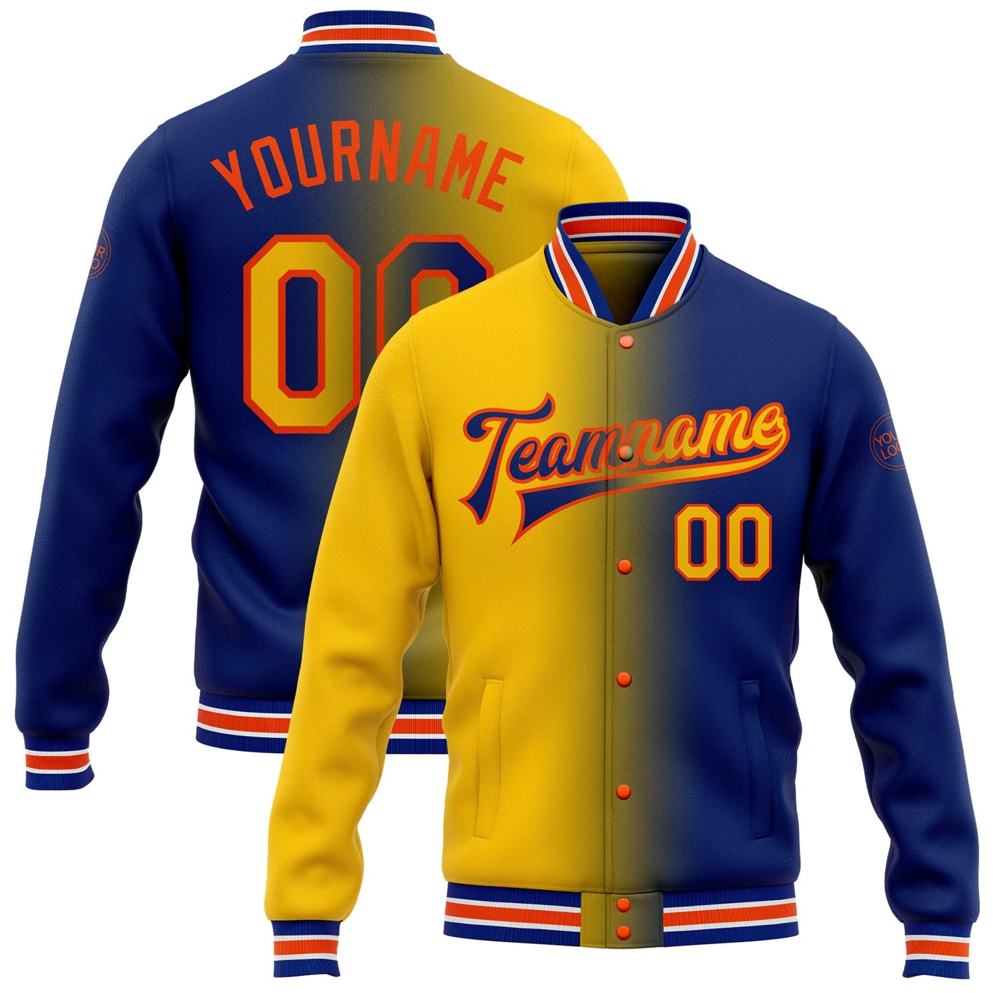 Custom Royal Yellow-Orange Bomber Full-Snap Varsity Letterman Gradient Fashion Jacket - Main View